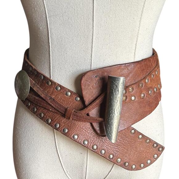 Vintage Studded Leather Wrap Belt Engraved Metal Slide Artisan Boho Adjustable